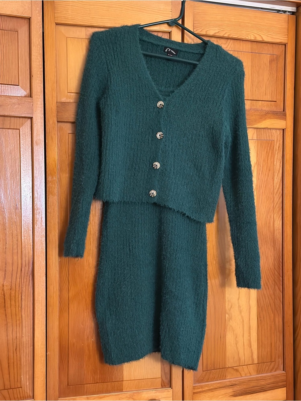art class Teal Fuzzy V-Neck Button Cardigan with Matching Skirt